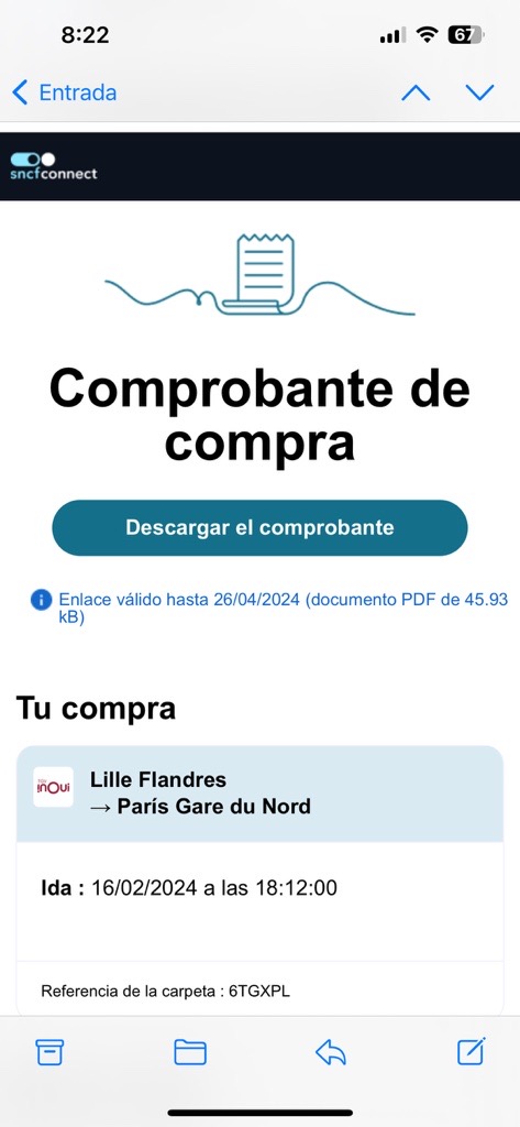 Pantalla que muestra el correo electrónico utilizado para descargar el justificante de compra 